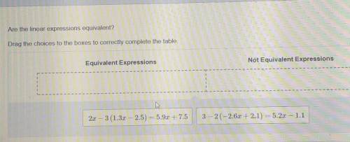 Are the linear expressions equivalent?

2x-3(1.3x-2.5)=5.9x+7.5 3-2(-2.6x+2.1)=5.2x-1.1d