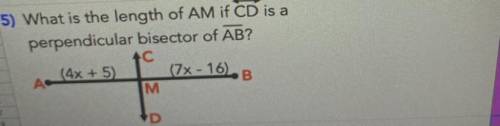 What is the length of AM if CD is a
perpendicular bisector of AB?