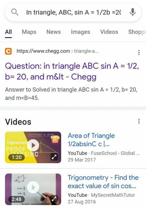 In triangle, ABC, sin A = 1/2b =20,and m