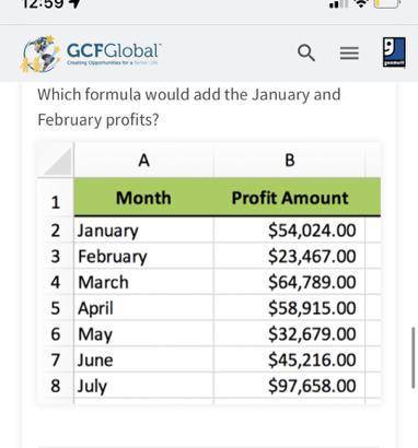 Which formula would add the January and February profits?