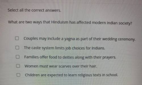 Select all the correct answers. What are two ways that Hinduism has affected modern Indian society?