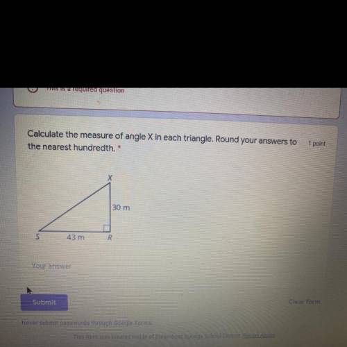 Calculate the measure of angle X in each triangle. Round your answers to

the nearest hundredth.
3