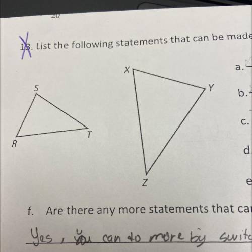 List the following statements that can be made from the triangles below.