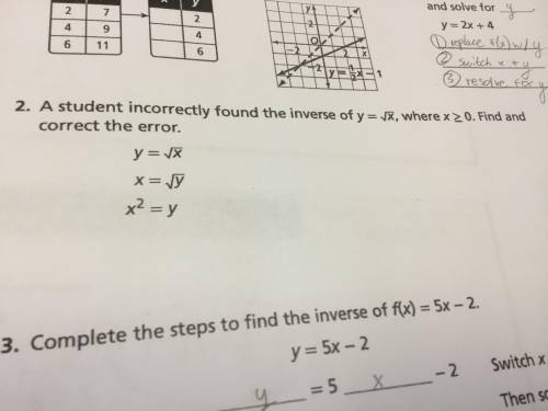 A student incorrectly found the inverse of y = √x, where x ≥ 0. Find and correct the error.