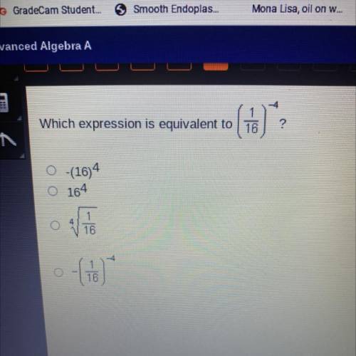()
Which expression is equivalent to 16
?
O -(16) 4
O 164
16
-(1)
16