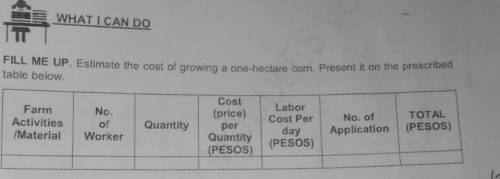 WHAT I CAN DO

FILL ME UP. Estimate the cost of growing a one-hectare com. Present it on the presc