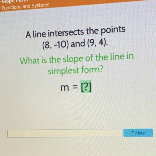 A line intersects the points

(8,-10) and (9, 4).
What is the slope of the line in
simplest form?