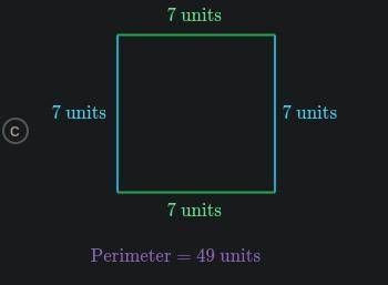 Marshall has a square table. Each side measures 7 units. The area of the table is 49 square units.