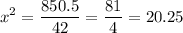 \displaystyle x^2 = \frac{850.5}{42} = \frac{81}{4}  = 20.25