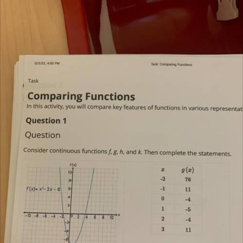 Question 1 consider functions f, g, h, and k then complete the statements.
