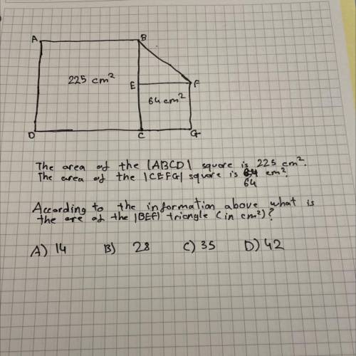 The area of the |ABCD| square is 225 cm².

The area of the |CEFG| square is 64 cm².
According to t