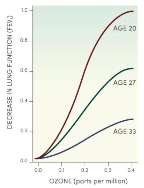 The graph below shows the lung function of test subjects at three different ages who had exposure t