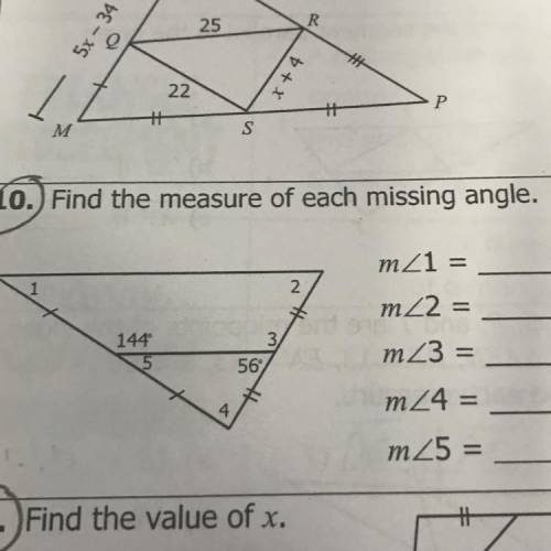 Find the measure of each missing angle.

2
1
3
144
5
mZ1 =
m2 =
mZ3 =
m24 =
mZ5 =
56
4