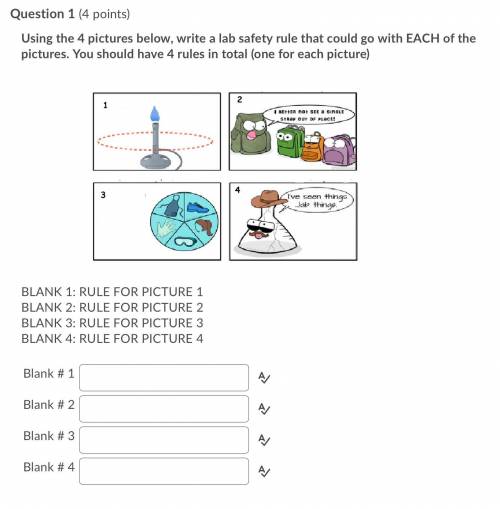 Question 1 (4 points)

Using the 4 pictures below, write a lab safety rule that could go with EACH