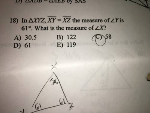In triangle XYZ, line XY=line XZ the measure of angle Y is 61 degrees. What is the measure of angle