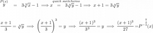 \stackrel{P(x)}{y}~~=~~3\sqrt[3]{x}-1\implies \stackrel{\textit{quick switcheroo}}{x~~ =~~3\sqrt[3]{y}-1}\implies x+1 = 3\sqrt[3]{y}\\\\\\\cfrac{x + 1}{3}=\sqrt[3]{y}\implies \left( \cfrac{x + 1}{3} \right)^3 =y\implies \cfrac{(x+1)^3}{3^3}=y\implies \cfrac{(x+1)^3}{27}=\stackrel{\stackrel{y}{\downarrow }}{P^{-1}(x)}