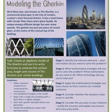 GHERKIN TASK!

find the volume and surface area of the London Gherkin. include the formula and the