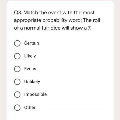 Match the event with the most appropriate probability word: The roll of a normal fair dice will sho