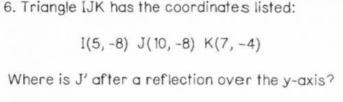 Triangle IJK has the coordinates listed:
Where is J' after a reflection over the y-axis?