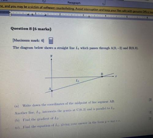 (Maximum mark: 6]

The diagram below shows a straight line L1, which passes through A(0, -2) and