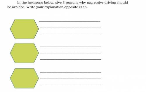 In the hexagons below, give 3 reasons why aggressive driving should

be avoided. Write your explan