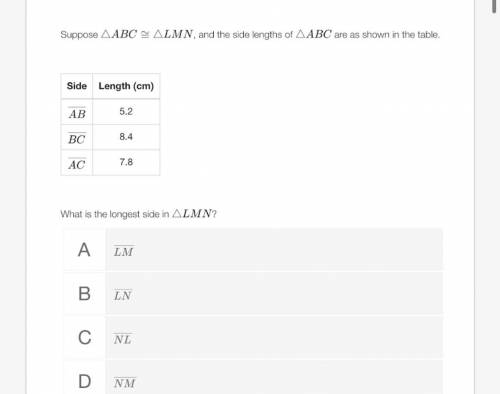 Suppose triangle ABC = triangle LMN, and the side lengths of triangle ABC are as shown in the table