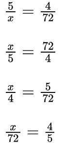 PLEASE HELP ASAP!
Which of the following uses the reciprocal property to rewrite x/5 = 72/4