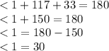 < 1 + 117 + 33 = 180 \\   < 1 + 150 = 180 \\  < 1 = 180 - 150 \\  < 1= 30