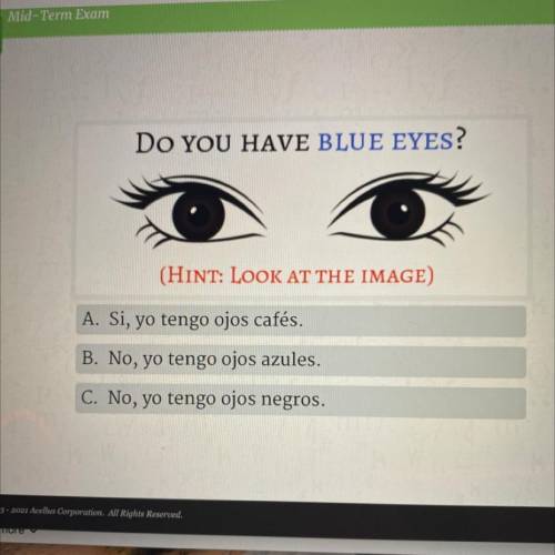 Do you have blue eyes?

(HINT: LOOK AT THE IMAGE)
A. Si, yo tengo ojos cafés.
B. No, yo tengo ojos