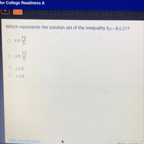 Which represents the solution set of the inequality 5x-9<_21?

O<_12/5
O>_12/5
O x>_6