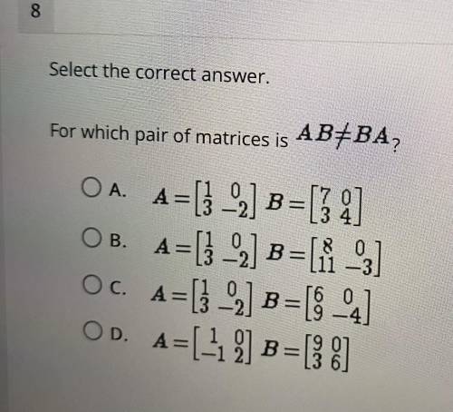 For which pair of matrices is AB=BA?