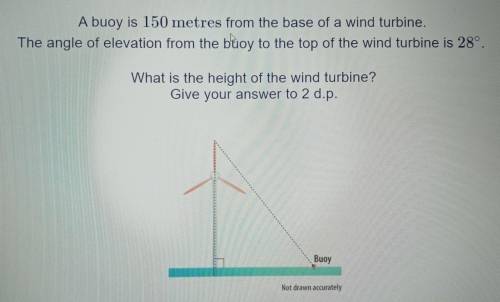 A buoy is 150 metres from the base of a wind turbine.

The angle of elevation from the buoy to the