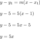 y-y_1=m(x-x_1)\\\\y-5=5(x-1)\\\\y-5=5x-5\\\\y=5x
