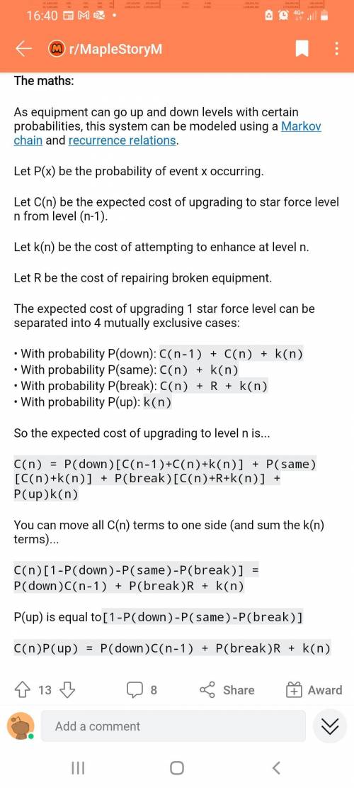 How does

C(n) = P(down)[C( n - 1 ) + C(n) + k (n)] + P(same)[(C(n) + k(n)] + P(break)[C(n) + R +