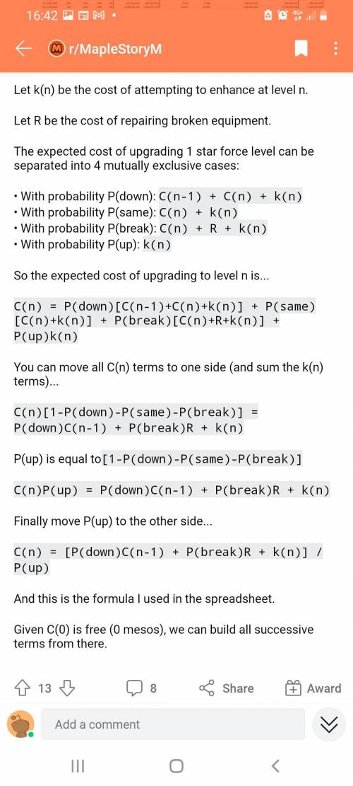 How does

C(n) = P(down)[C( n - 1 ) + C(n) + k (n)] + P(same)[(C(n) + k(n)] + P(break)[C(n) + R +