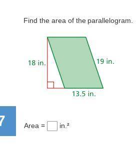 Question
Find the area of the parallelogram.
Area = 
in.²