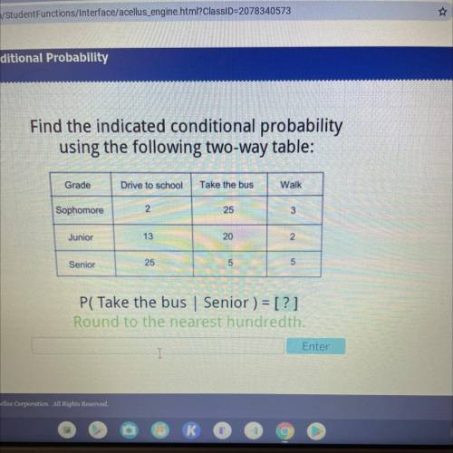 Find the indicated conditional probability

using the following two-way table:
Grade
Drive to scho