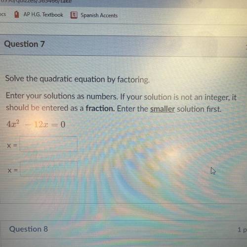 Solve the quadratic equation by factoring.

Enter your solutions as numbers. If your solution is n