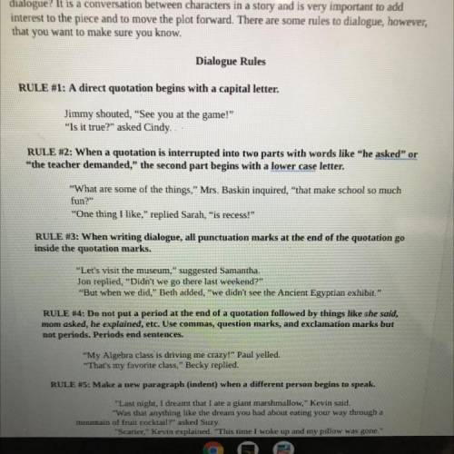 DIALOGUE RULES, WORKSHEET, AND WRITING ASSIGNMENT What is

dialogue? It is a conversation between