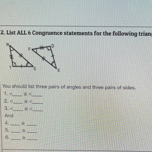 List all six congruent statements for the following triangles