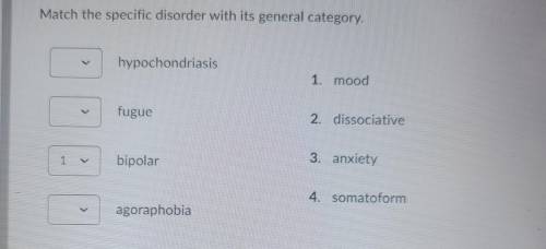 Match the specific disorder with its general category. < hypochondriasis 1. mood > fugue 2. d