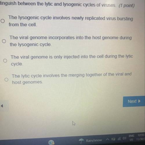 Distinguish between the lytic and lysogenic cycles of viruses. (1 point)

The lysogenic cycle invo