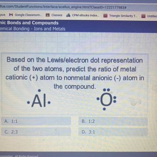 Based on the Lewis/electron dot representation

of the two atoms, predict the ratio of metal
catio