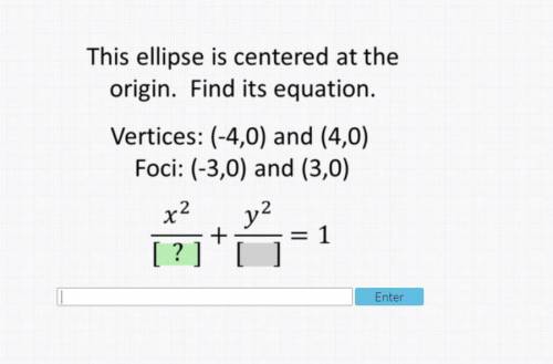 this ellipse is centered at the origin. find its equation. vertices: (-4,0) and (4,0) Foci:(-3,0) a