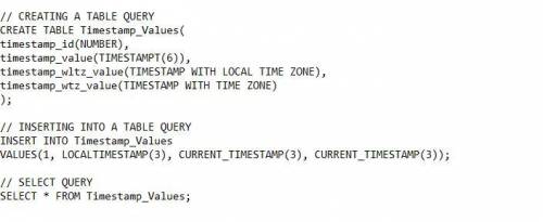 CREATE TABLE Timestamp_Values(

timestamp_id(NUMBER),
timestamp_value(TIMESTAMPT(6)),
timestamp_wl