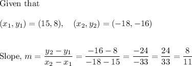 \text{Given that}\\\\(x_1,y_1) = (15,8),~~~ (x_2,y_2) = (-18,-16)\\\\\\\text{Slope,}~ m = \dfrac{y_2-y_1}{x_2 -x_1} = \dfrac{-16-8}{-18-15} =\dfrac{-24}{-33} = \dfrac{24}{33} = \dfrac 8{11}