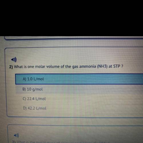 What is one molar volume of the gas ammonia (NH3) at STP