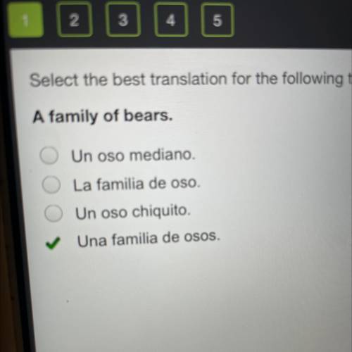 A family of bears.

Un oso mediano.
La familia de oso.
Un oso chiquito.
Una familia de osos.
D, B