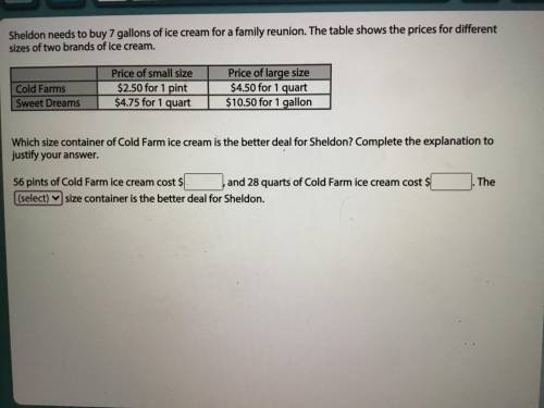 Sheldon needs to buy 7 gallons of ice cream for a family reunion. the table shows the prices for di