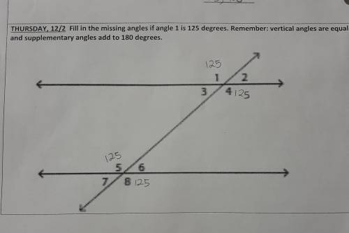 Fill in the missing angles if angle 1 is 125 degrees. Remember: vertical angles are equal and suppl